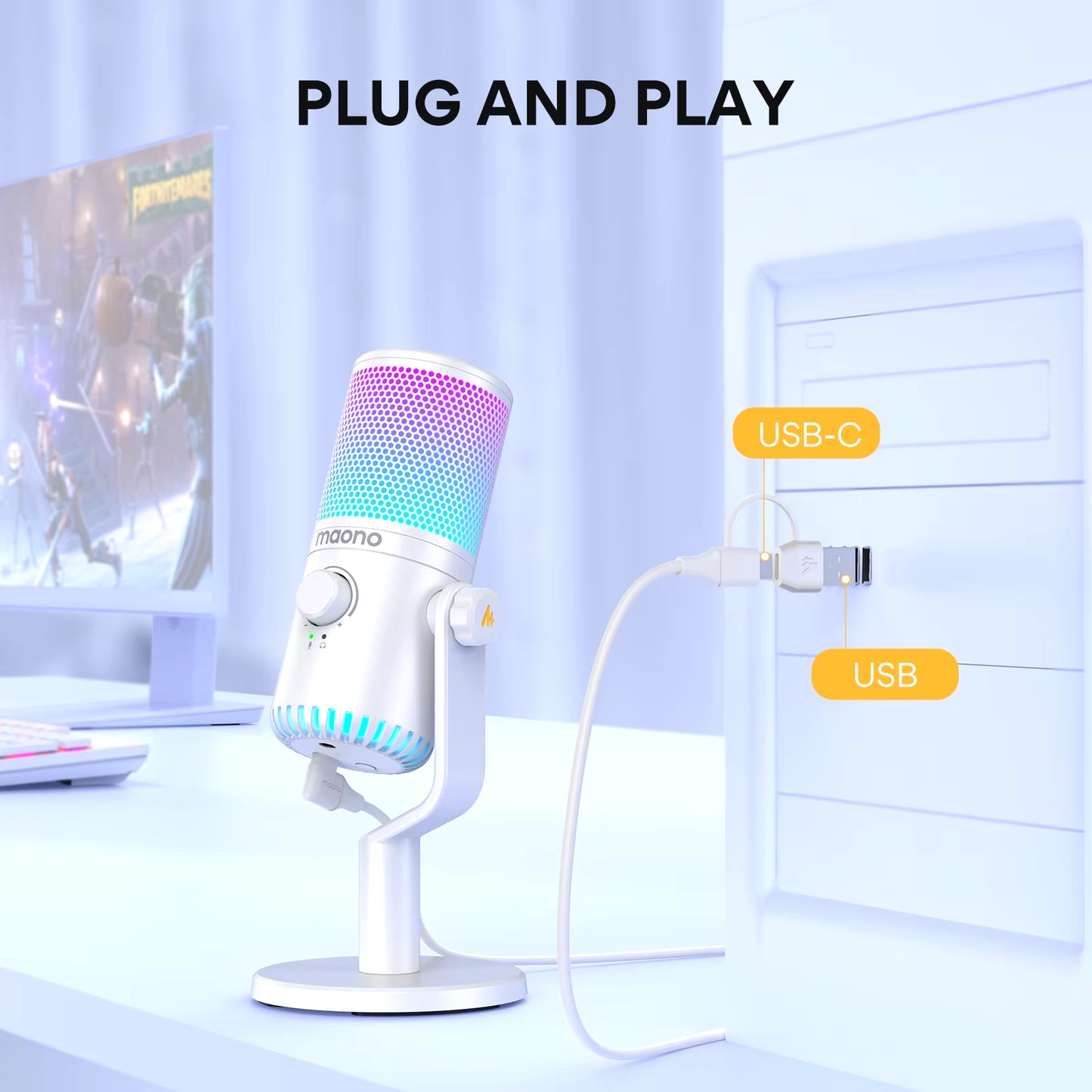 DM30 RGB USB Microphone RGB Gaming Microphone Computer Mic USB Gaming Mic with Mic Gain and RGB Lighting for Pc,Phone