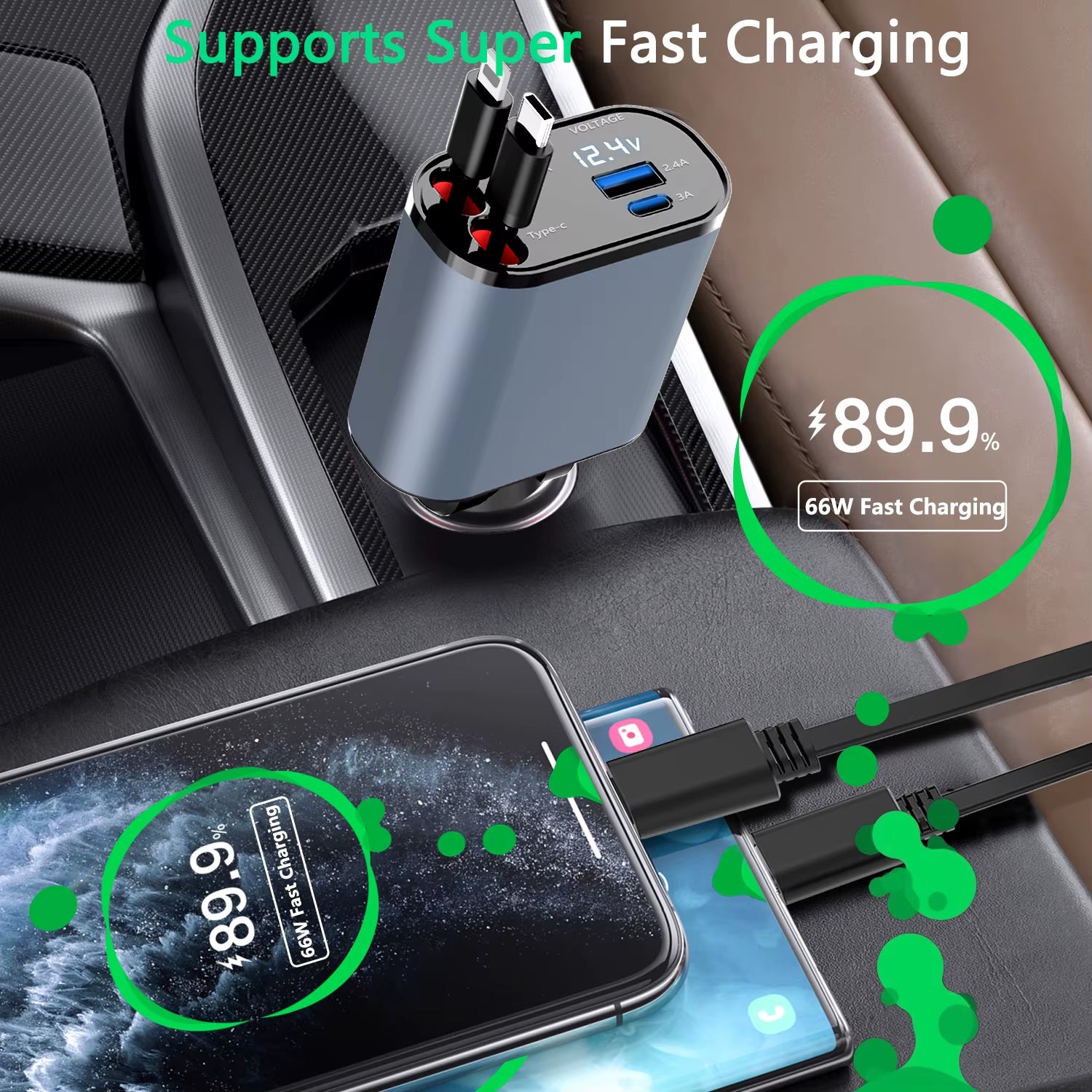 2024 New Retractable Car Charger 120W Fast Charger 4-In-1 Fast Charging Car Phone Charger 2 USB Ports Car Charger Adapter