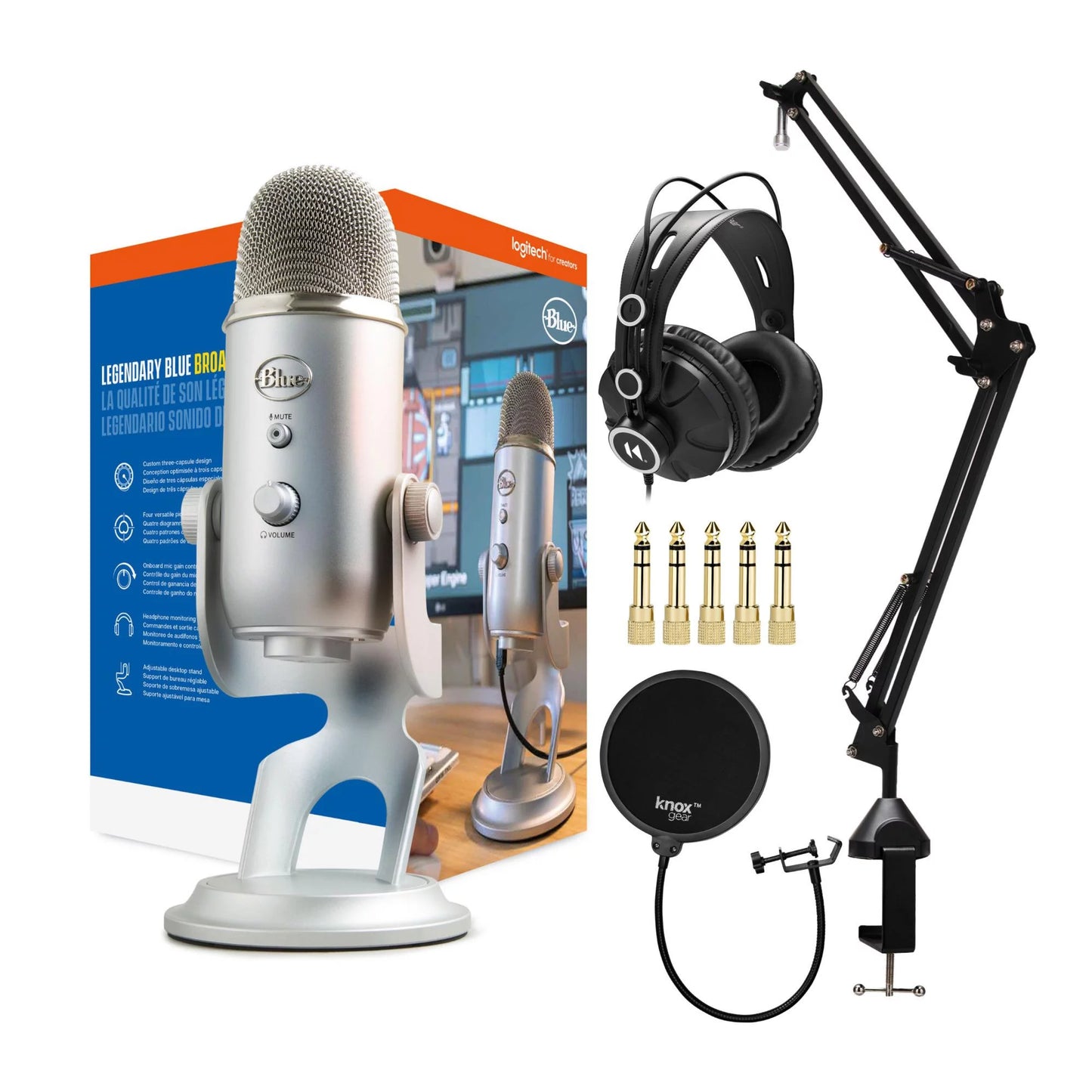 Yeti USB Microphone with Studio Stand, Studio Headphones and Pop Filter