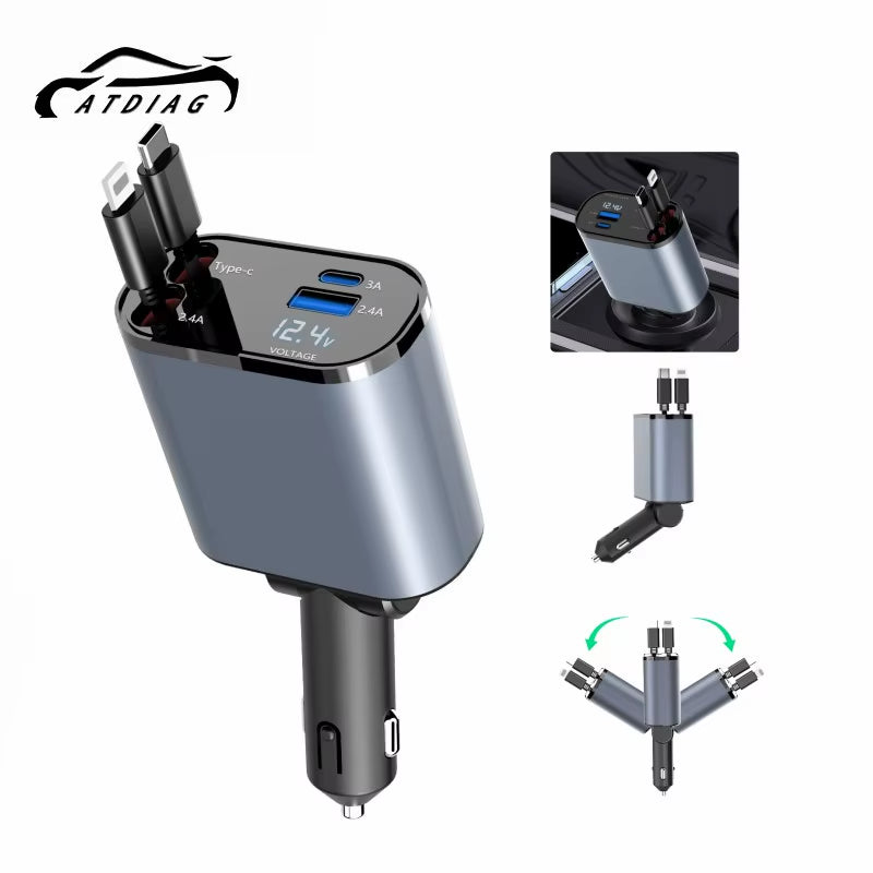 2024 New Retractable Car Charger 120W Fast Charger 4-In-1 Fast Charging Car Phone Charger 2 USB Ports Car Charger Adapter