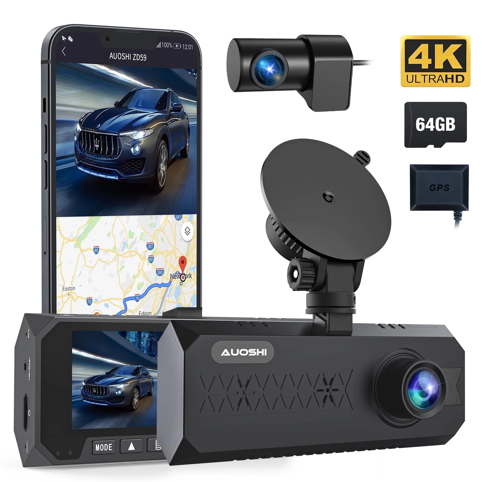 3 Channel Dual Dash Cam Front Rear 4K/2.5K+1080P 3.16" Full HD with Wi-Fi GPS Free 64GB SD Card Car Dashboard Recorder IPS Screen Night Vision Wide Angle WDR 24H Parking Mode Support 256GB Max