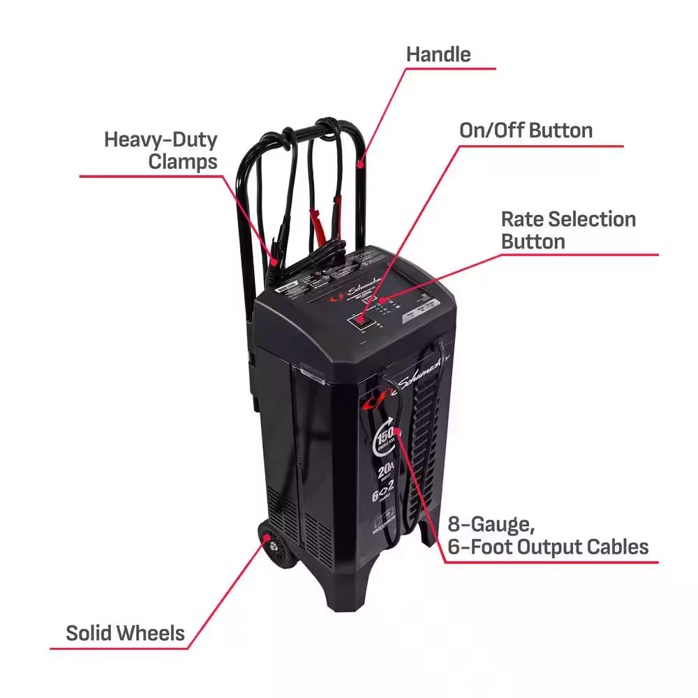 Automotive 12 Volt 150 Amp Fully Automatic Wheeled Battery Charger and Engine Starter with 20 Amp Boost