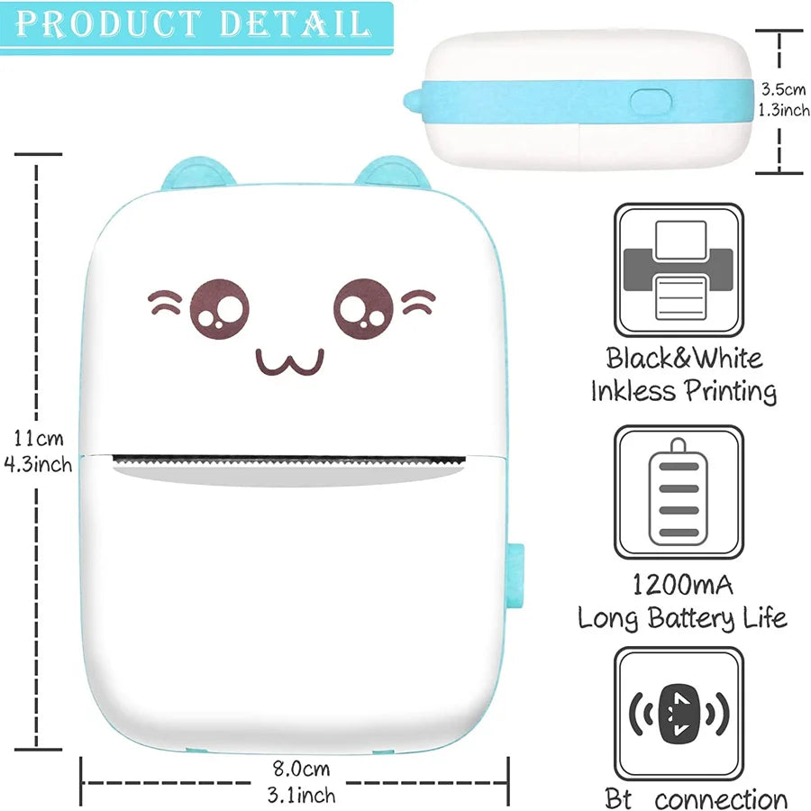 Mini Pocket Printer, Wireless BT Connection Thermal Printer for Photos Receipts Notes Memo Label Portable Inkless Gift Printer