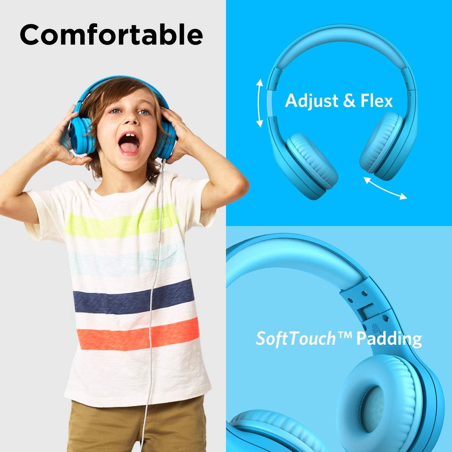 Connect+ PRO Kids Premium Volume Limited Wired Headphones with Shareport and Inline Microphone (Children) - Blue